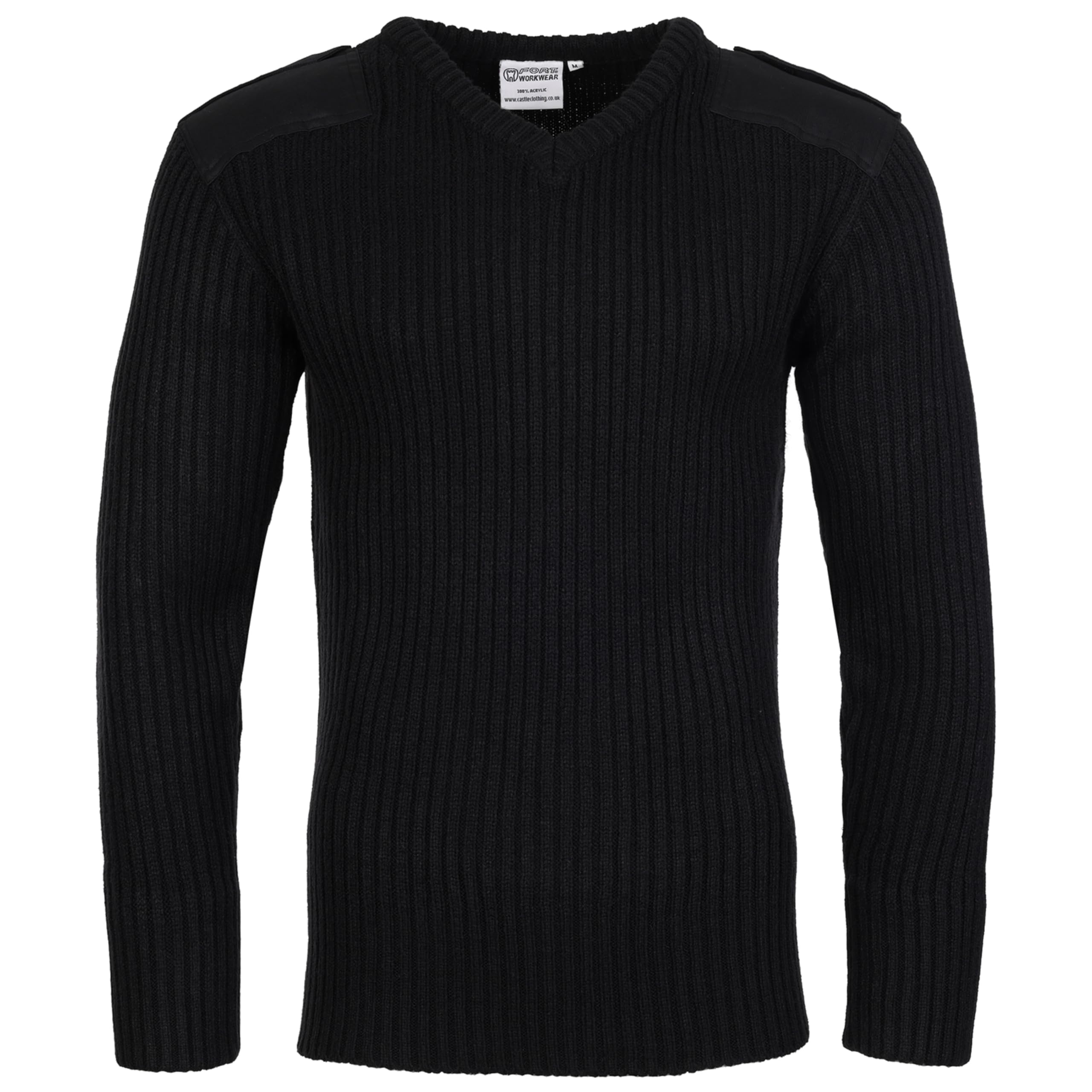 Fort - V-Neck Combat Jumper - Size Medium, Black - Heavyweight Military-Style Knitted Sweater with Epaulettes, Elbow & Shoulder Patches - 100% Acrylic Workwear Pullover - Smart Work Jumpers for Men