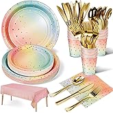 Nkaiso 141 Pieces Rainbow Gold Party Supplies, Party Dinnerware Sets Include Paper Plates Napkins Cups Silverware, for Wedding Bridal Shower Engagement Birthday Parties Decoration -20 Serves