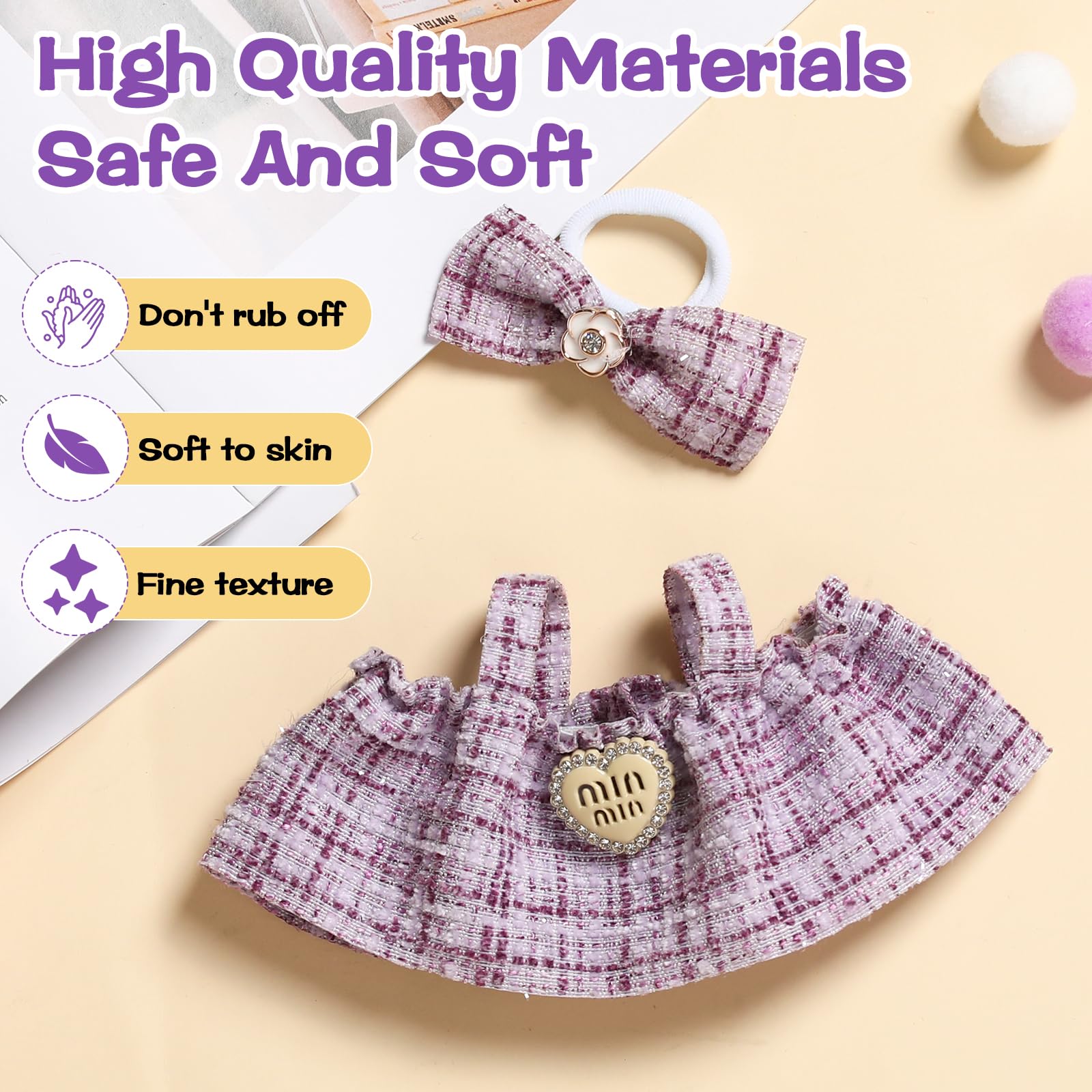 Clothes for Blind Box Dolls, Premium 2-Piece Dolls Accessories Set with Chic Bow Dress Outfit for 15-17cm Plush Blind Box Toy (Purple Set)
