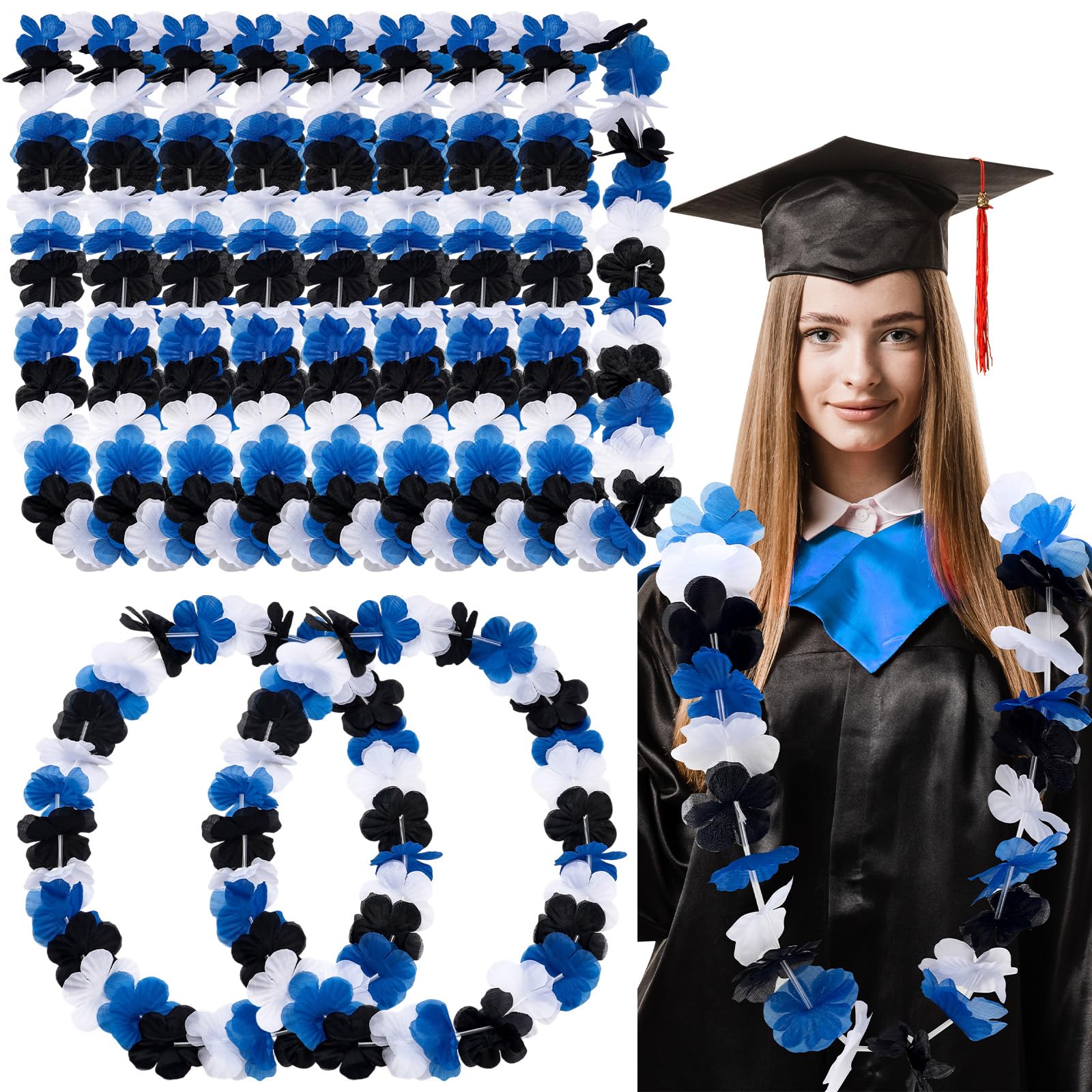 Photo 1 of Zeyune 20 Pcs Bulk Graduation Leis Class of 2025 Hawaiian Leis Flower Necklaces 39.4 Inch Graduation Garlands for High School College Graduate Grad Party Favor Photo Prop(Black White Blue)