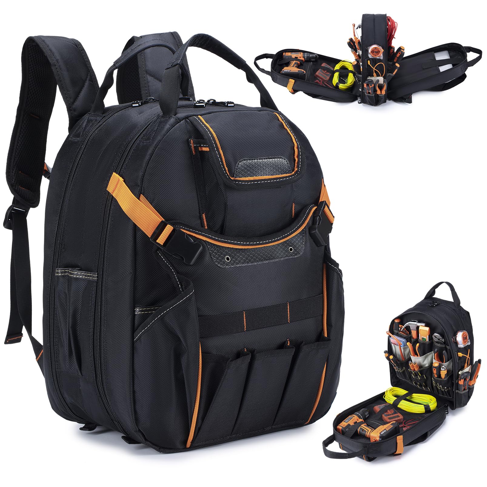 Photo 1 of KSIBNW Tool Backpack Heavy Duty for Men, 45-Pockets Organizer Bags with Laptop Compartment,Durable Tool Carrier with Charging Port for Eelectrician Construction Mechanic Work, Black and Orange