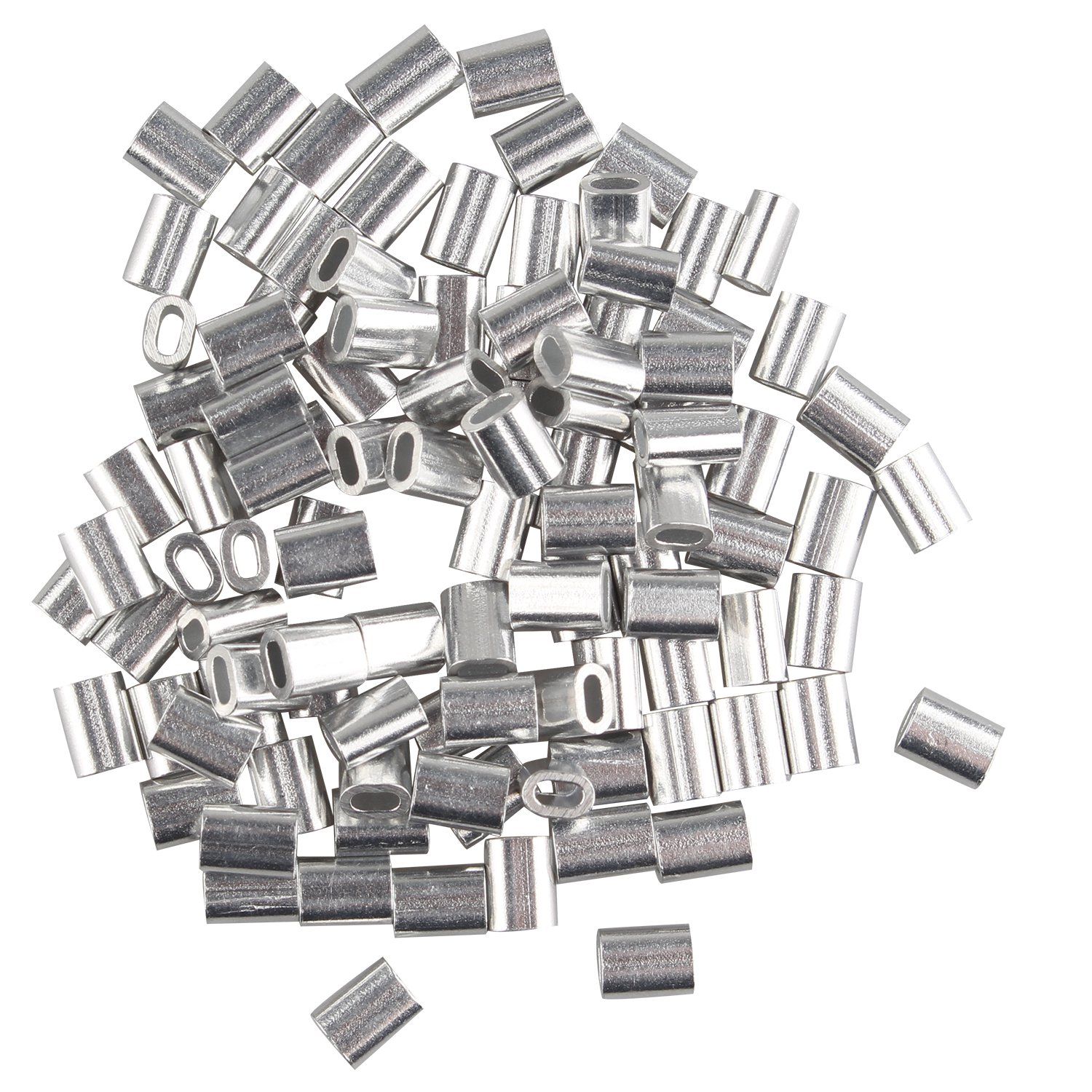 Futheda 100 pcs Aluminum Crimping Loop Sleeve Clips Oval Shaped for 1.2mm Cable Wire Rope Silver Tone