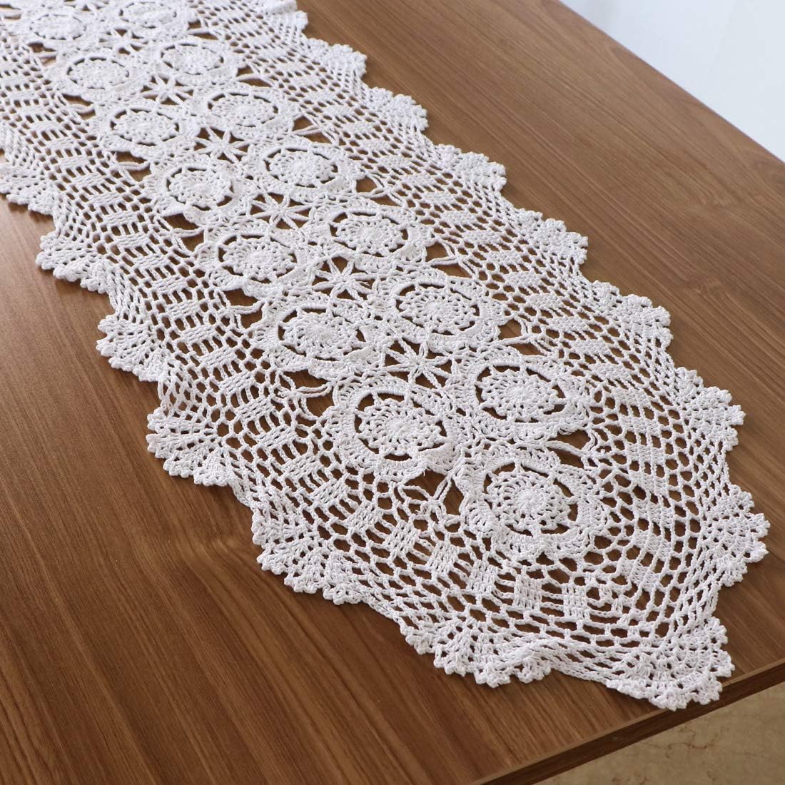 kilofly Handmade Crochet Cotton Lace Table Runner Tablecloth, 15 x 43 inch, White, 15.7 x 43.3 inch