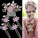 5 PCS Bridal Flower Wedding Hair Pins Crystal Pearl Hair Clips Headpiece Gold Wedding Hair Accessories Jewelry with Rhinestone for Brides Bridesmaids Women Girls Updo, Romantic Lilac Purple