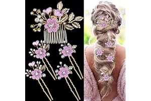 LAPOHI 5 PCS Bridal Flower Wedding Hair Pins Crystal Pearl Hair Clips Headpiece Gold Wedding Hair Accessories Jewelry with Rhinestone for Brides Bridesmaids Women Girls Updo, Romantic Lilac Purple