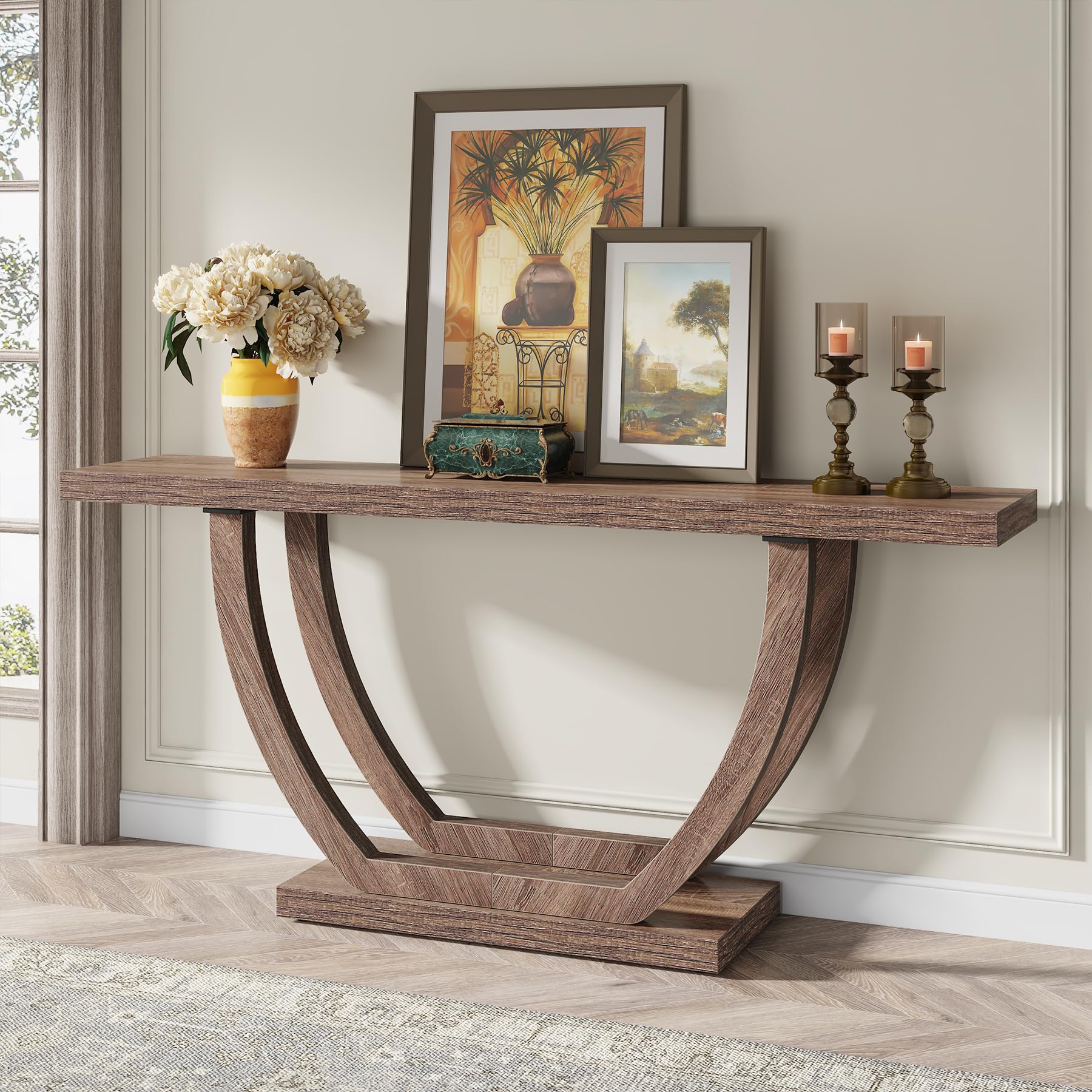 Photo 1 of ** USED/ MANUAL INCLUDED** Tribesigns 63-Inch Wood Console Table with Geometric Base, 2-Tier Farmhouse Sofa Table Narrow Long, Thickened Behind Couch Table with Shelves for Living Room Foyer Corridor (Dark Brown)