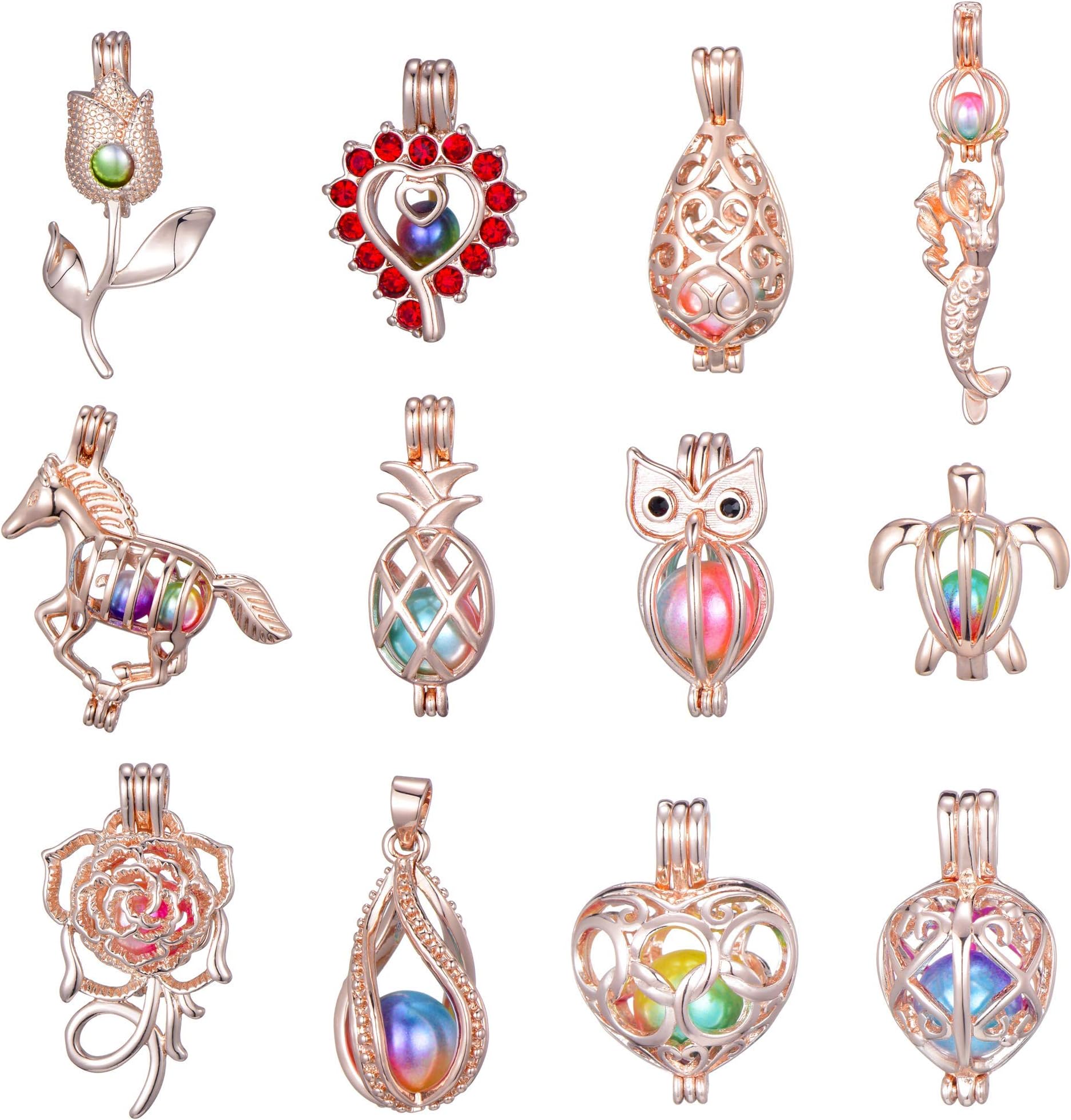 Women Children Happy Holiday Gifts12Pcs Rose Gold Pearl Bead Cages Pendant - Essential Oil Scent Diffuser Locket Cage Charms for DIY Bracelet Necklace Earrings Jewelry Making, Copper, Pearl