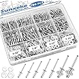 Sunxeke 780pcs Pop Rivets with Washers Assortment Kit,14 Sizes SAE Aluminum Rivets(3/32 1/8 5/32 3/16 1/4 inch) and 4 Sizes washers,Assorted Blind Rivets for DIY/Automotive Repairs/Furniture with Box