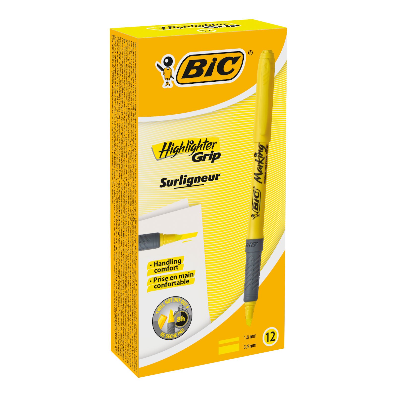 BIC 811935 Pack of 12 Yellow Bevelled Tip Marker Pens (Bevelled Tip, Yellow, Grey, Round, 12 Pieces)