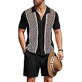 COOFANDY Men's 2 Piece Outfit Vintage Short Sleeve Button Down Knit Polo Shirts Casual Beach Shorts Sets