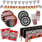 Car Birthday Decorations Kit: Car Theme Party Supplies for 25 - Includes Dinner & Dessert Plates, Napkins, Cups, Banner and Tablecloth for Boys' Racing Car Birthday Party Decorations