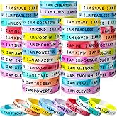 KUCLIN 100 Pieces Students Inspirational Silicone Wristbands Motivational Quotes Rubber Bracelets for Kids Students Back to School Gifts (Swirl Colours)