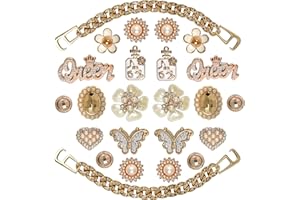 Lugailly Bling Shoe Charms for Girls and Women, Girly Gold Shoe Charms for Crocs, 24 PCS Glitter Shoe Charms Bulk, Shoe Chains Shoe Pins, Shoe Accessories, Rhinestones Shoe Decoration