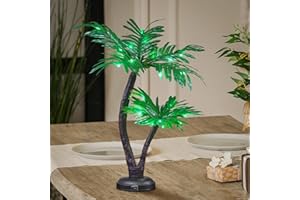 LIGHTSHARE 24Inch Twins Palm Tree Bonsai 25LED Lights,Green Light,Battery Powered or Plug-in Adapter (Included), Built-in Timer