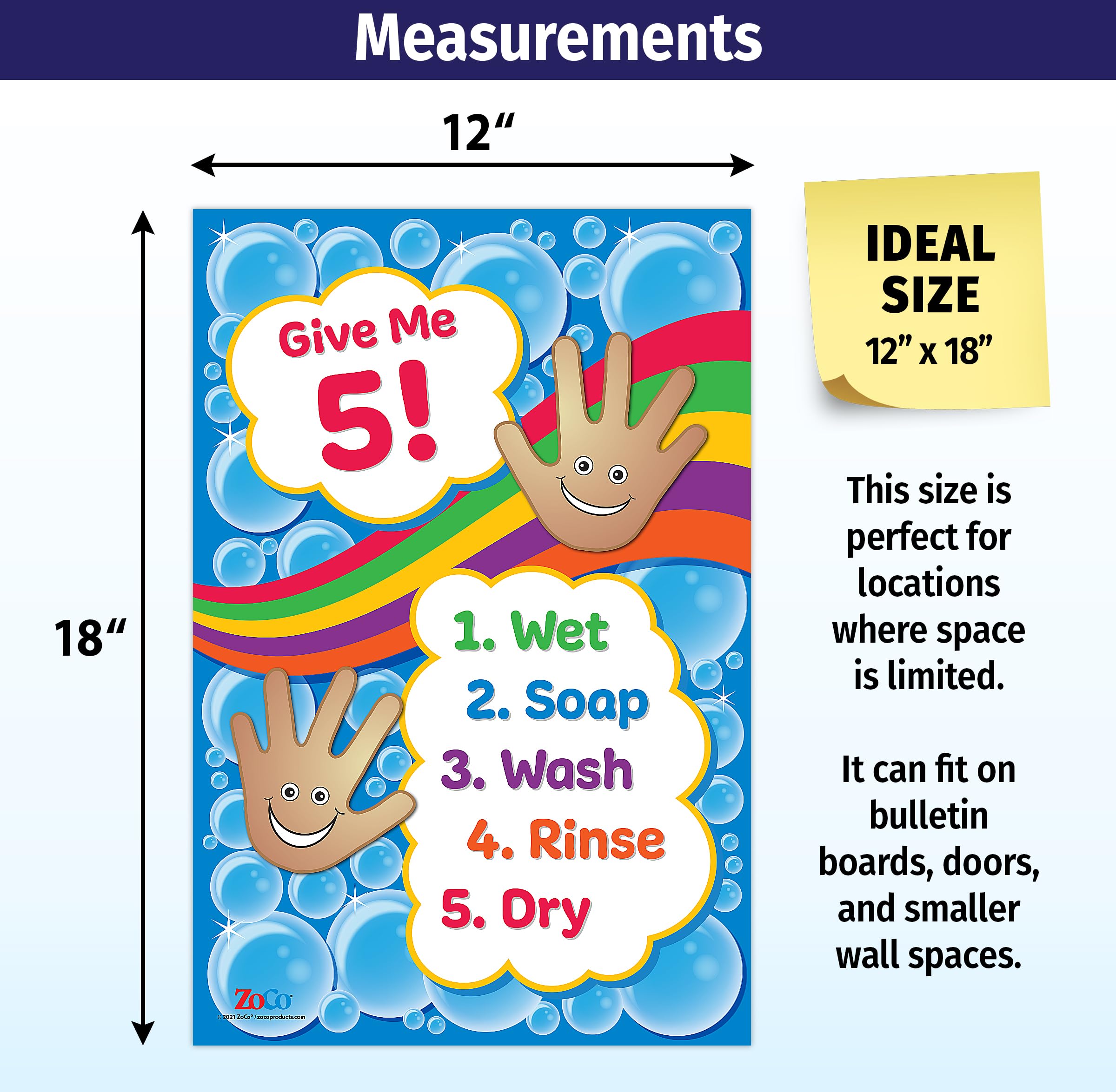 Give Me 5 Handwashing Poster – 12x18” Laminated – Wash Hands Sign for Kids – Preschool, Daycare Bathroom & School Nurse Office Decorations