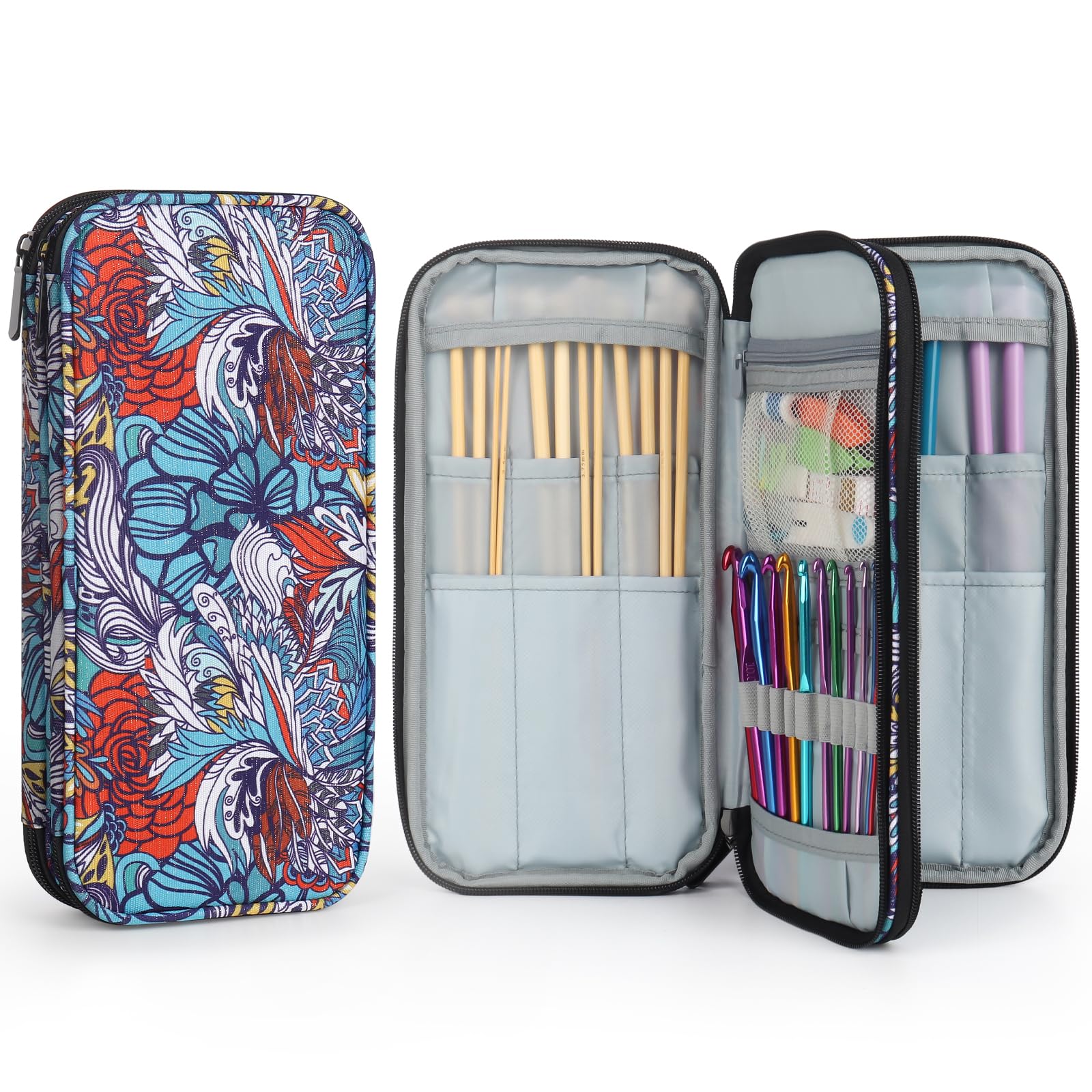 Aeelike Knitting Needle Case, Knitting Needle Storage Case Empty, Double-Layer Zip Knitting Needle Case for Long Needles 25cm & Accessories, Portable Knitting Needle Storage Bag Organiser Holder Case