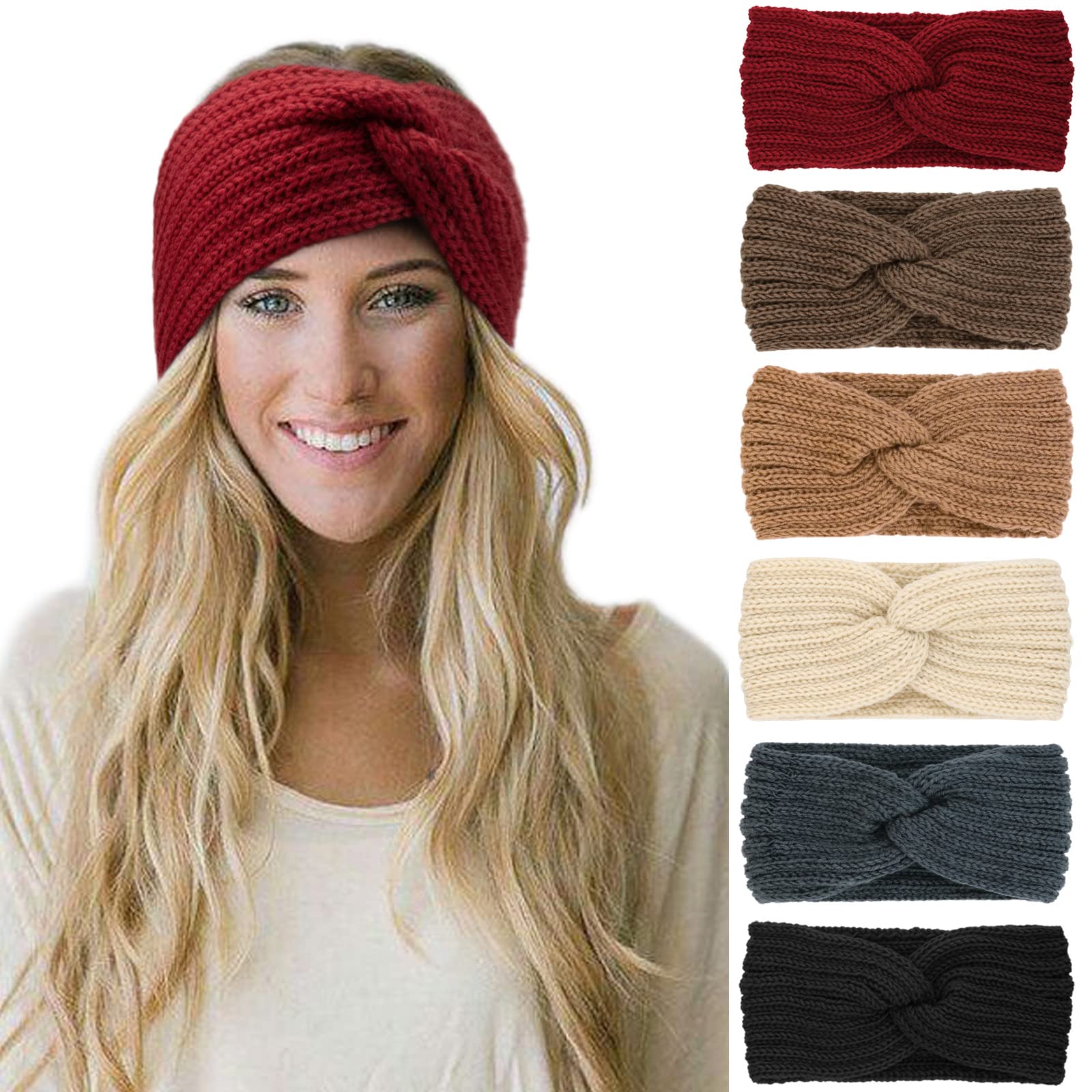 DRESHOW 6 Pieces Women Warm Knitted Headband Winter Ear Warmer Crochet Head Wraps Thick Cable Headband