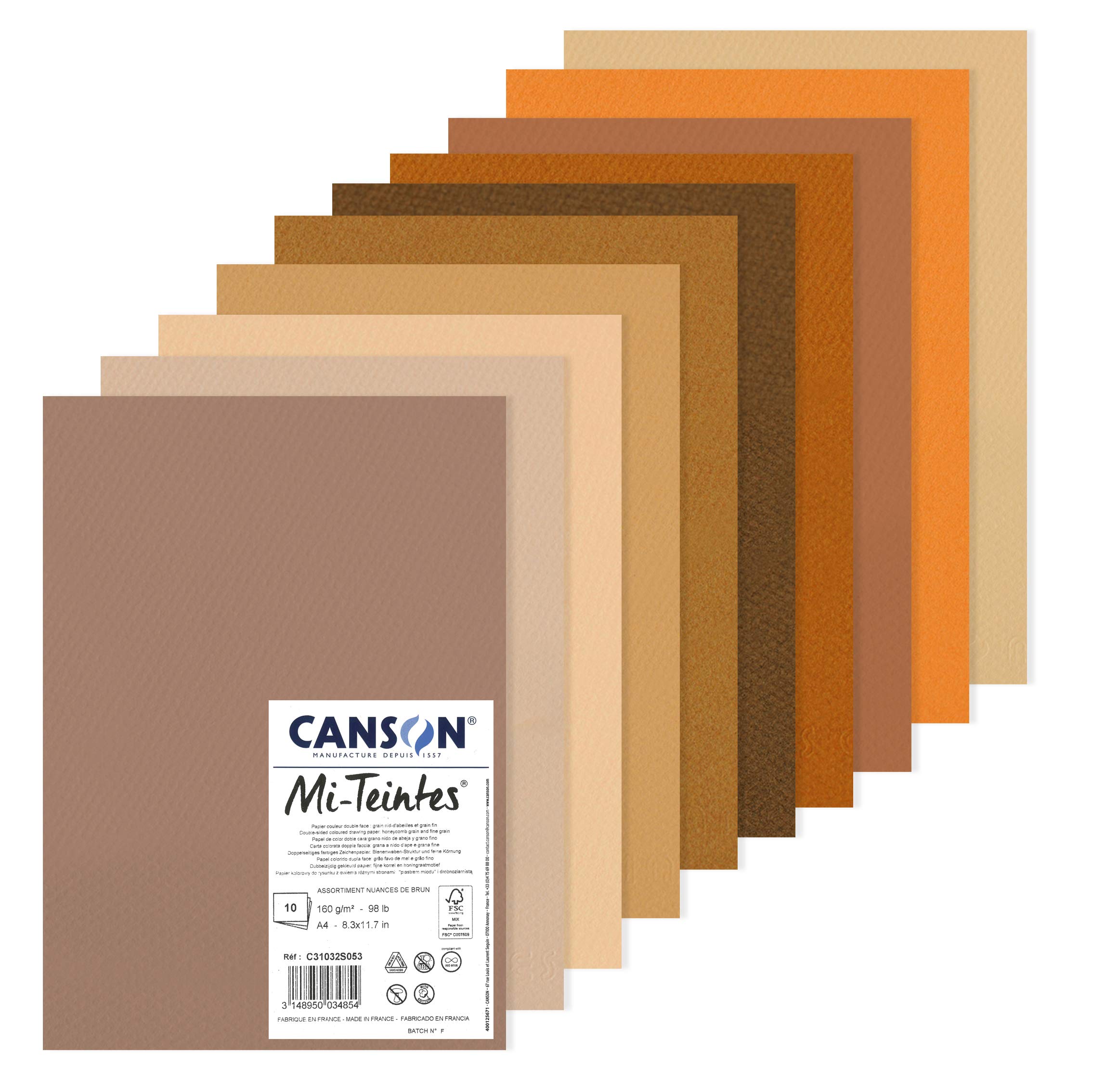CANSON Mi-Teintes Coloured Drawing 160gsm A4 Paper Pack, Double Sided: Honeycomb & Fine Grain, 10 Brown Colour Sheets, For Professional Artists & Illustrators