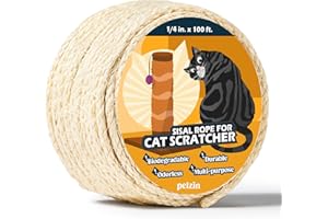 Pelzin Natural Sisal Rope for Cat Scratcher 1/4 Inch by 100 Feet, Cat Tree Rope Twine for Cat Scratching Post Replacement, Cat Tower with Scratch Post Repairing, Replace, Recovering and DIY, White