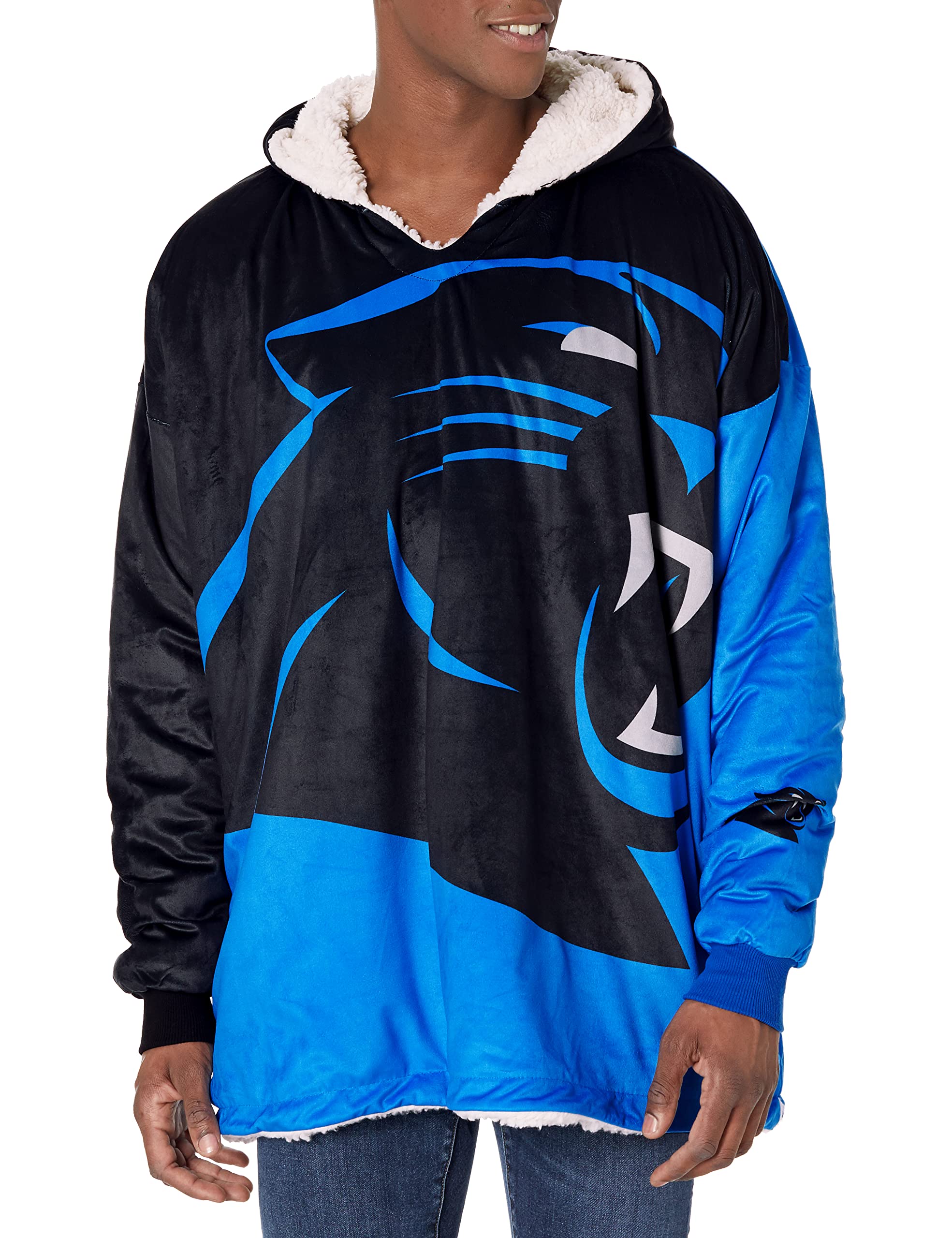 FOCO NFL Carolina Panthers Unisex Reversible Oversized Sherpa Hoodie Sweatshirt Colorblock Hoodeez One Size (HDONFSMURBUSQVC) Image