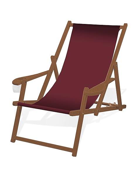 Holz-Liegestuhl mit Armlehne und Getränkehalter, Klappbar, mit dunkelbrauner Lasur, Wechselbezug (Bordeaux)