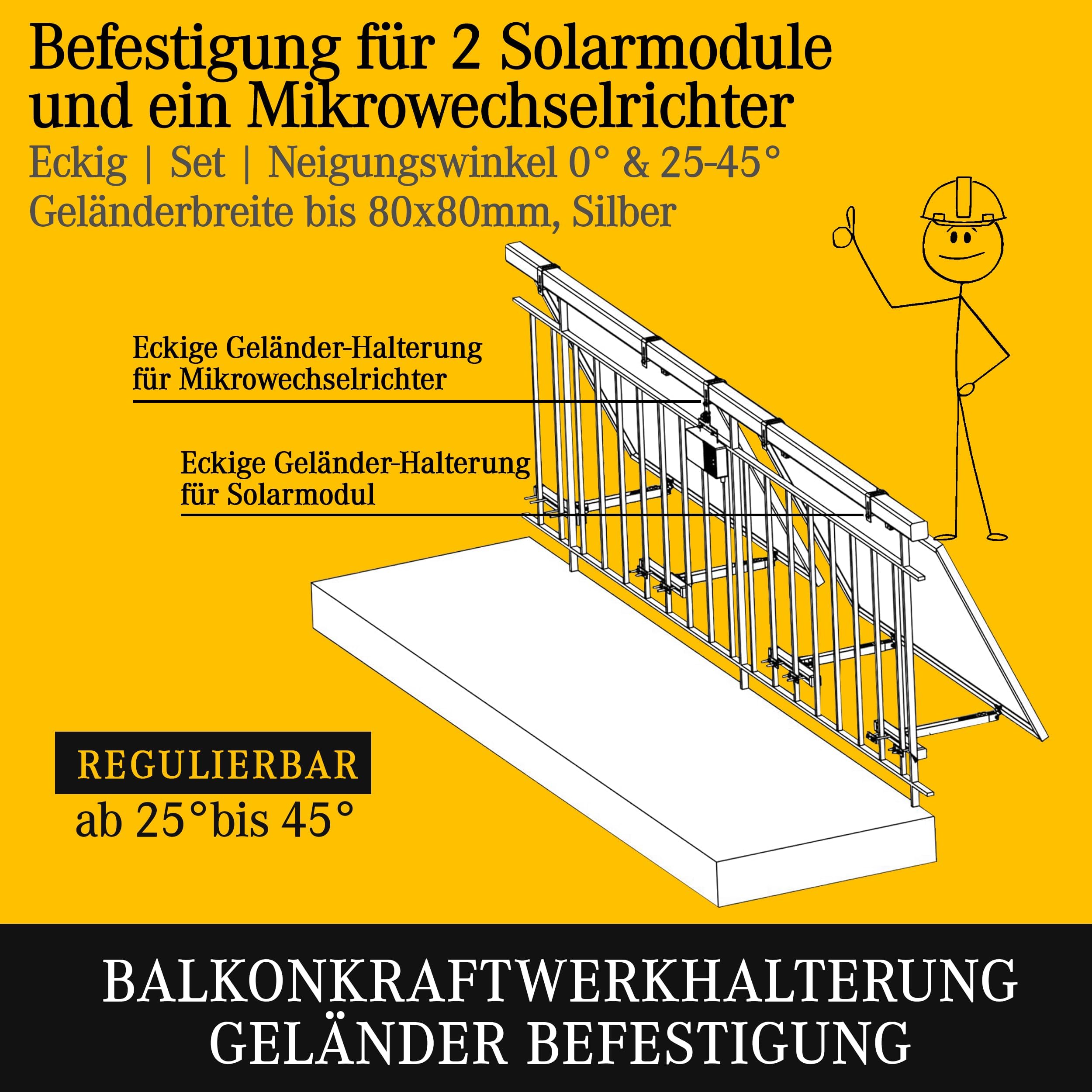 Balkonkraftwerk Halterung Geländer Befestigung für 2 Solarmodule und ein Wechselrichter Photovoltaik | ECKIG | Set | Neigungswinkel 0° & 25-45°| Durchmesser bis 80mm, Silber PV 3