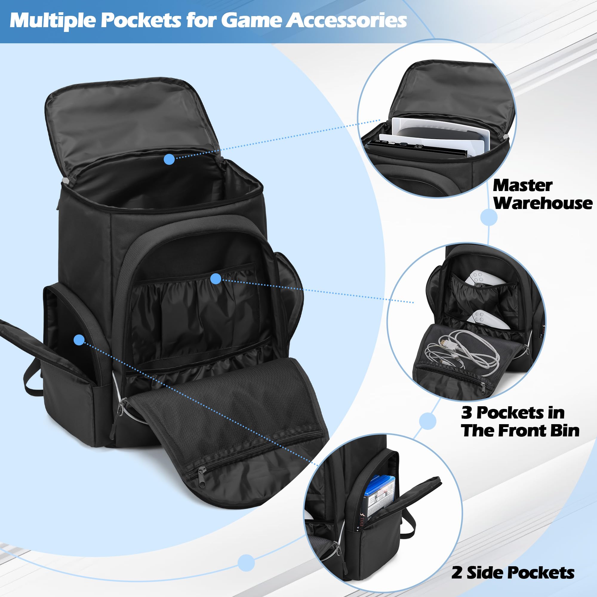 Trunab Gaming Console Backpack Compatible with Playstation 5 / PS5 Slim / PS4 / Xbox One, Travel Carrying Bag with Multiple Pockets for 15.6” Laptop and Gaming Accessories