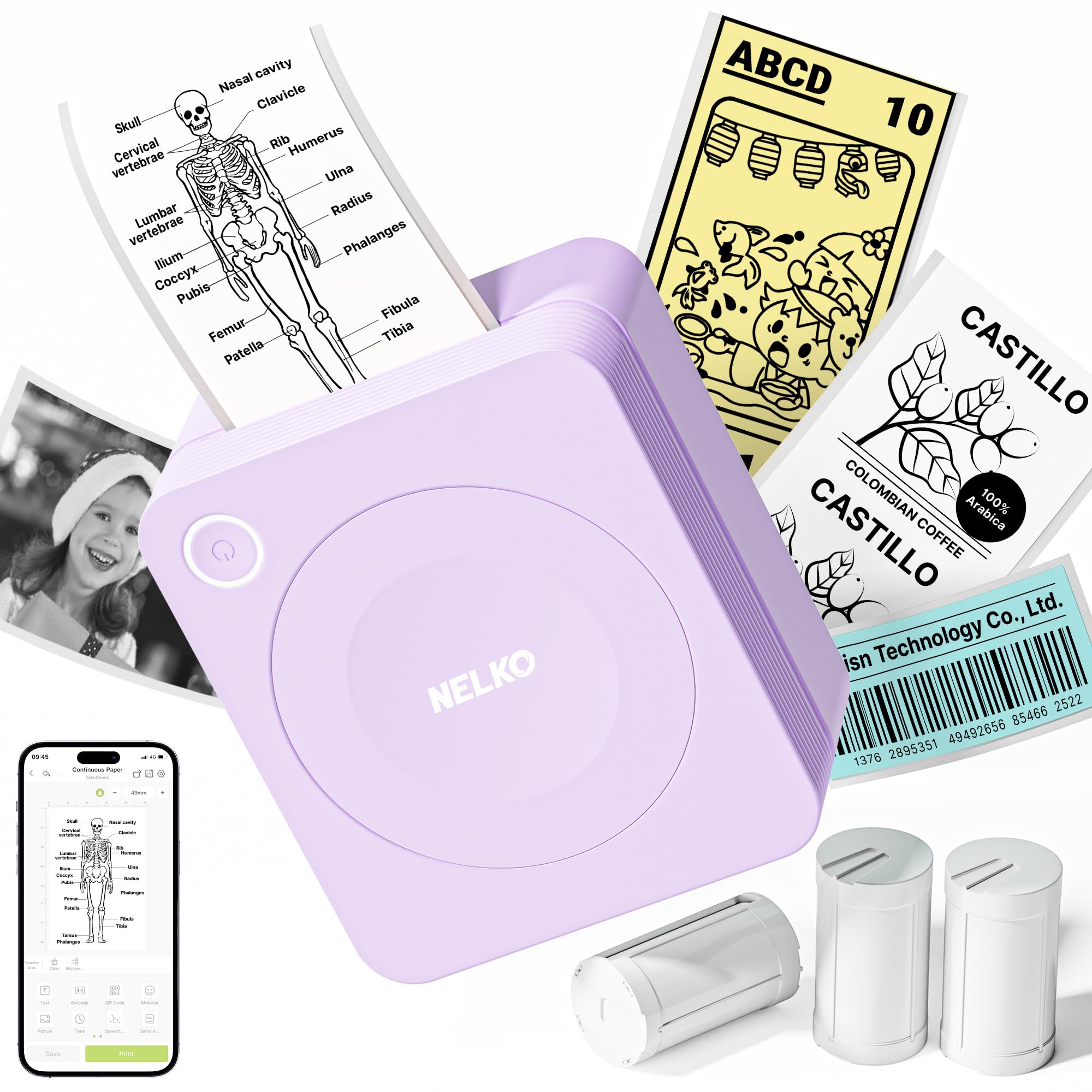 Photo 1 of Nelko Sticker Printer, PM230 Print Pod Mini Bluetooth Portabel Sticker Maker with 3 Rolls Paper, Print Pods Mini Printer with Multiple Templates for Phone & Tablet?for School Office Home, Purple