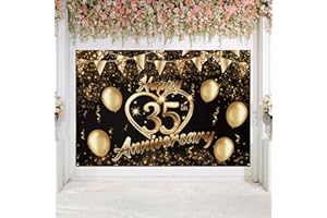 Happy 10th Anniversary Backdrop Banner Decor Black Gold – Glitter Love Heart Happy 10 Years Wedding Anniversary Party Theme D
