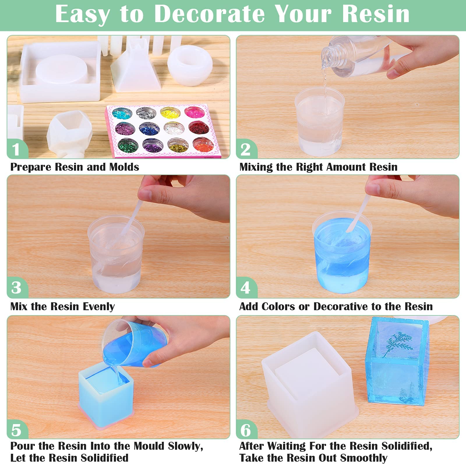 Silicone Resin Molds Kit 26PCS, Epoxy Molds, Large Casting with 12 Glitter Sequins for UV Casting, Including Sphere, Cube, Pyramid, Square, Coaster, Stone & Pendants