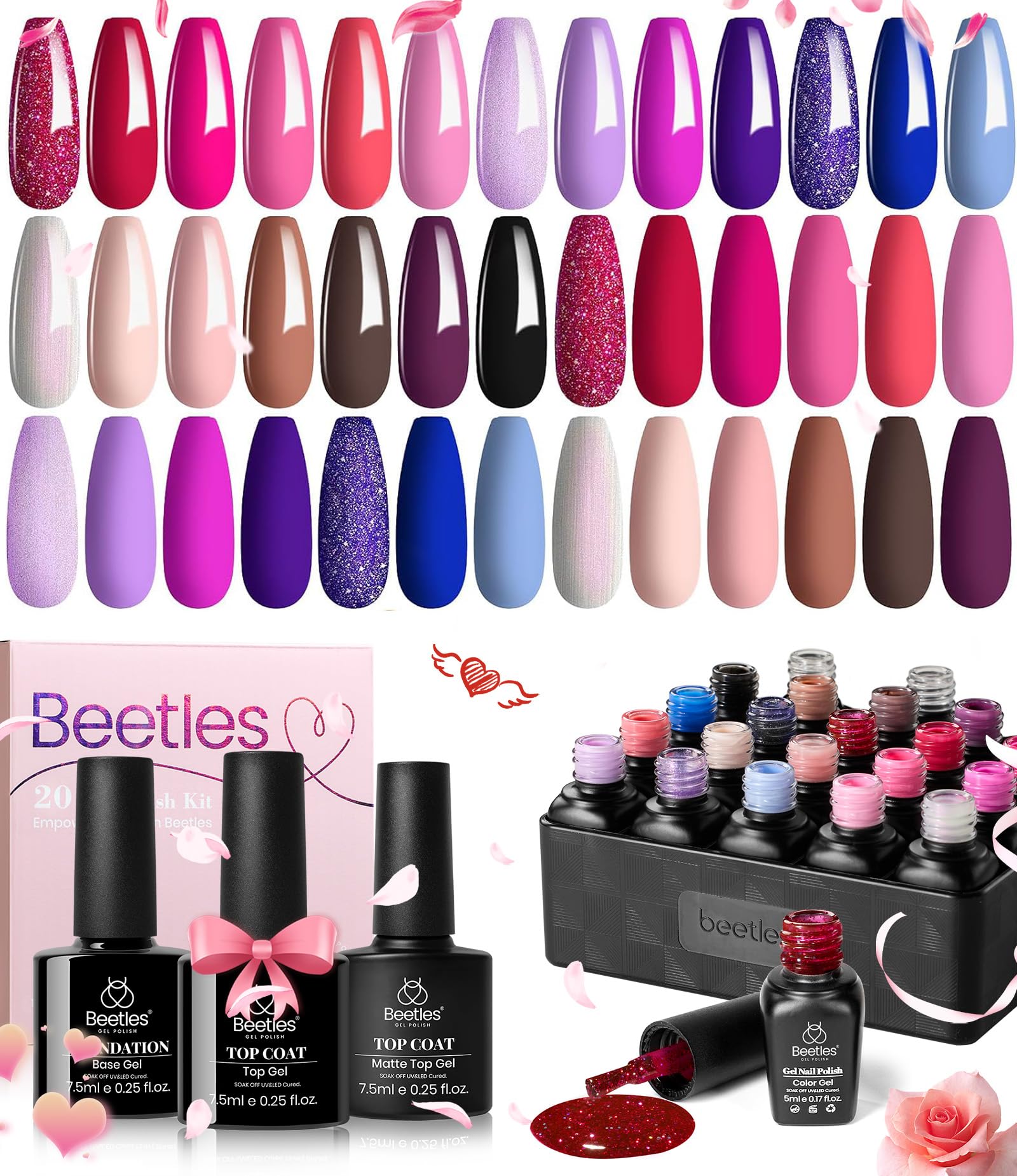 Beetles Pink Gel Nail Polish, 20 Colors Sweet Pink Red Nude Blue Purple Glitter Gel Polish Romance Rebellion with Base & Top Coat, Soak off Uv LED Cured Nail Art Design Salon Home Gift for Women