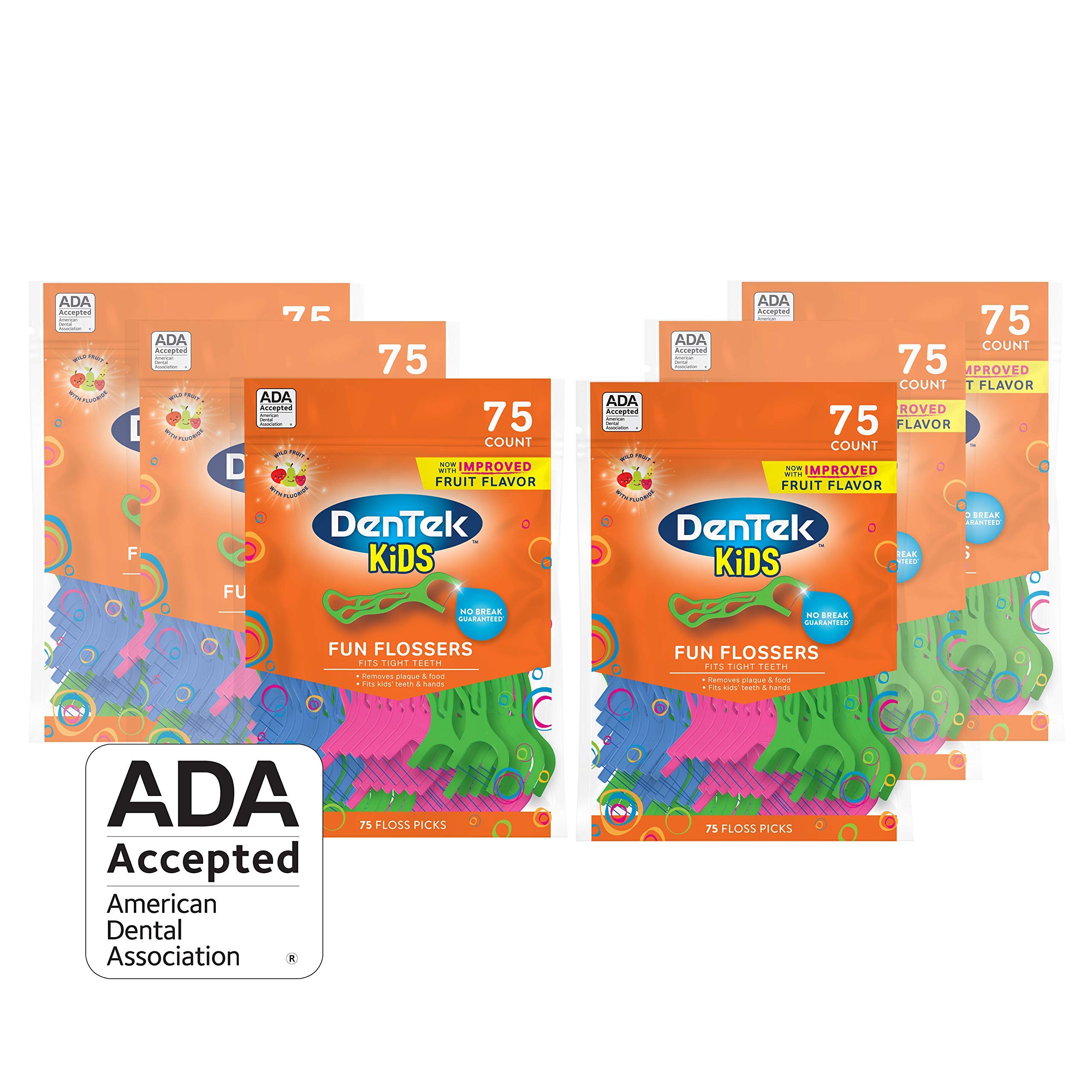 Photo 1 of DenTek Kids Fun Flossers, Removes Food & Plaque, Wild Fruit Flavored Floss Picks, 75 Count, 6 Pack