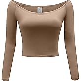OThread & Co. Women's Off Shoulder Long Sleeve Crop Top Comfy Basic Stretch Layer Shirt