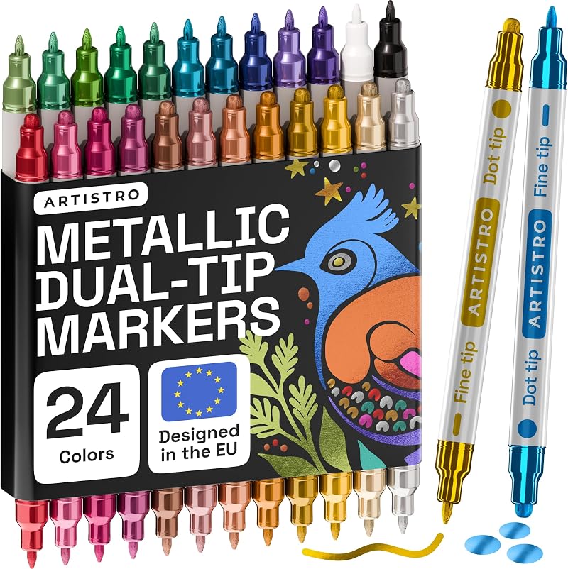 ARTISTRO 24 Colors Acrylic Paint Pens Dual Tip Dot Fine for Rock Fabric Wood