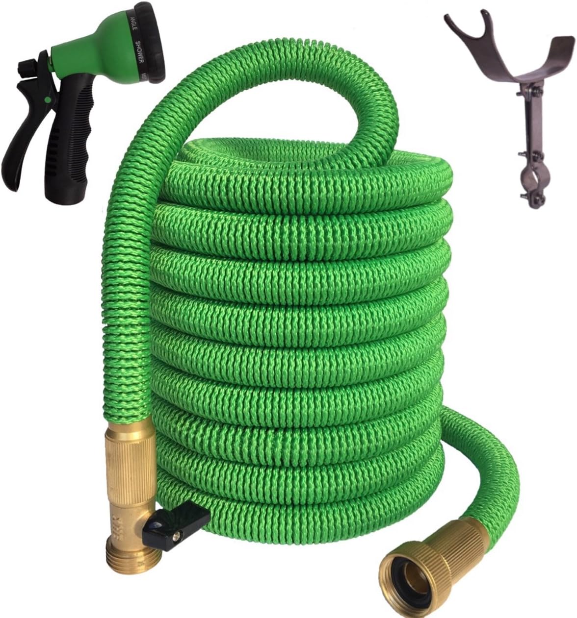 Expandable Garden Hose, Triple Layer Latex Core, 48 Ply, Solid Brass Fitting Shut Off Valve Spray Nozzle Stainless Steel Holder (100', Green)