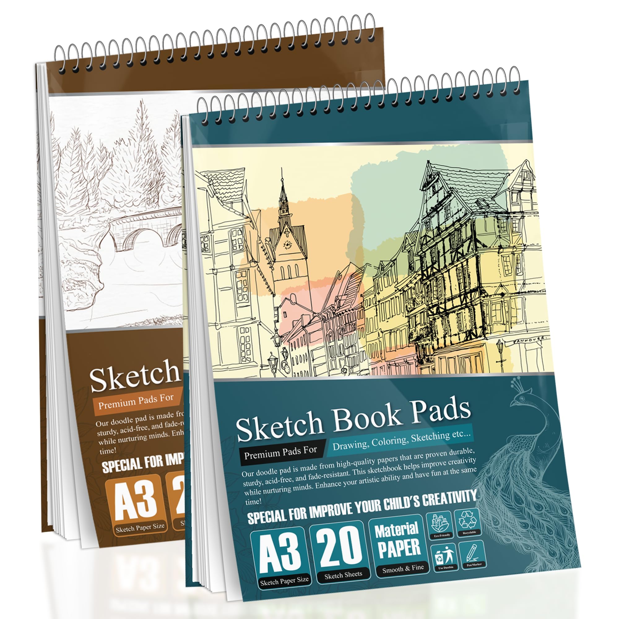 G4GADGET Sketchbook – 2 Pack Wiro Bound Drawing Pad | 170 GSM Thick Art Paper for Sketching, Painting & Drawing | Sketch Book for Artists, Students & Kids (A3)