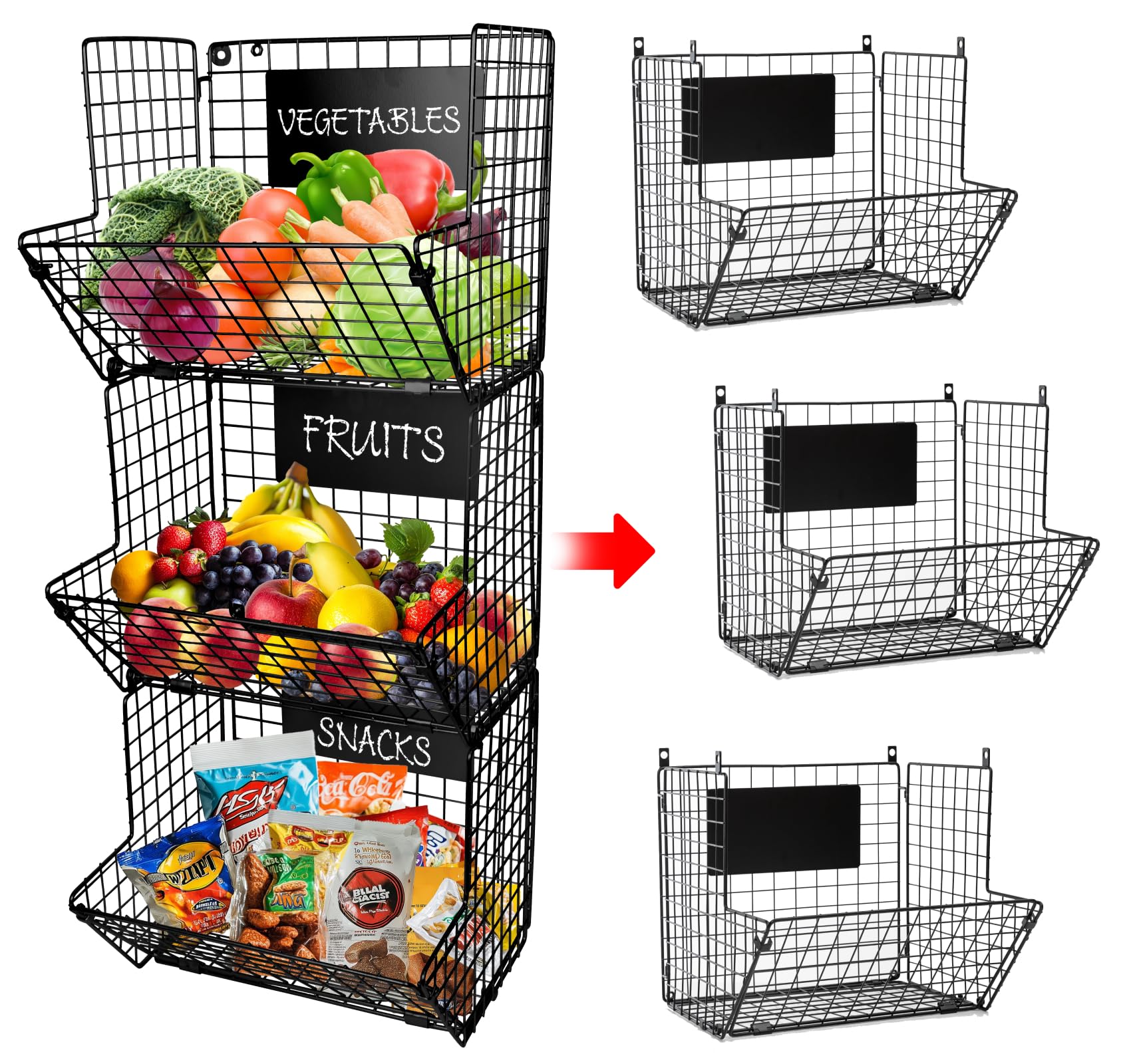 Photo 1 of 3-Tier XL Wall Hanging Fruit Baskets for Kitchen Organizing Fruits and Vegetables, Heavy-Duty Wall Basket for Storage with Chalkboards & S-Hooks, Wire Hanging Fruit Basket for Kitchen & Pantry