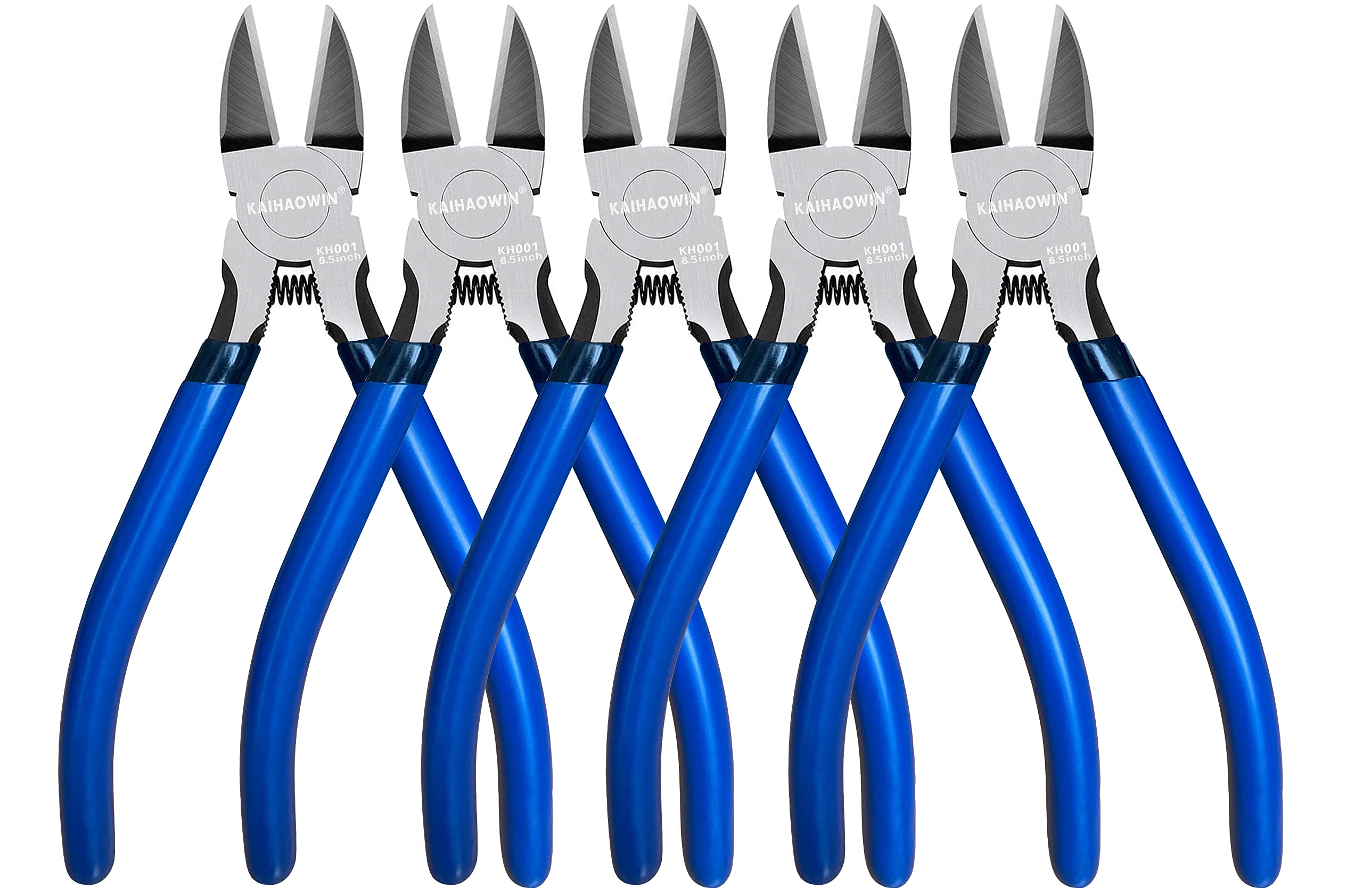 KAIHAOWIN Cutter 5 Pack, 6.5 Inch Flush & Diagonal Side Cutters, Precision Ultra Sharp Spring Loaded Wire Snips, Clippers Dikes, Small for Crafting Jewelry Making, Blue