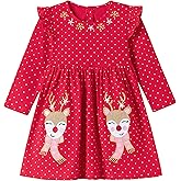 EULLA Girl Long Sleeve Christmas Dress Toddler Baby Deer Cartoon Applique Fall Dresses Clothes 2-7Y