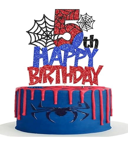 Spider Birthday Cake Topper & Cupcake Picks - 5-Piece Set, Black/Blue/Red, For Boys’ Parties - View #9