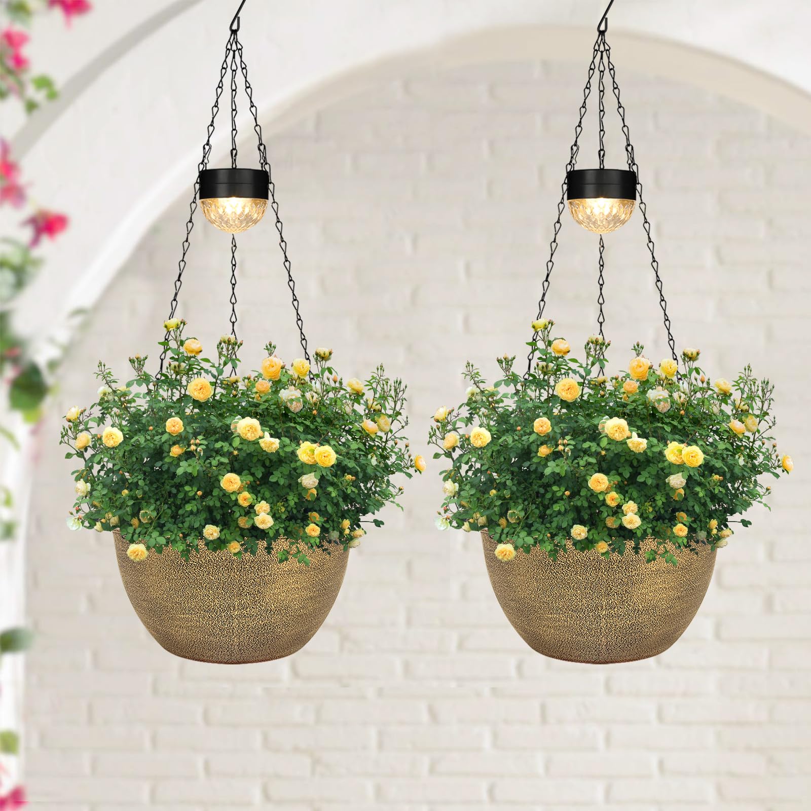 Photo 1 of 2 Packs Hanging Planters Basket for Outdoor Plants, Solar Powered Self Watering Copper Round Plastic Flower Pots with Drainer for Balcony Patio Garden Outdoor Decoration