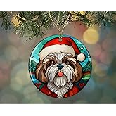 HKDesignGift Shih Tzu Christmas Stained Glass Ceramic Ornament, Christmas Tree Hanging Ornament, Dog Stained Glass Ornament, Ornament Religious Gift for Christians Printed on Both Sides