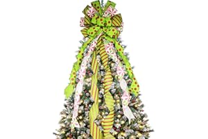Fvviia Christmas Tree Topper Large Green Christmas Bow Tree Topper, Candy Stripe Red Green Dot Gift Bow for Xmas Tree Handmade Holiday Party Home Wedding Indoor/Outdoor Decorations -13 x 45 Inch