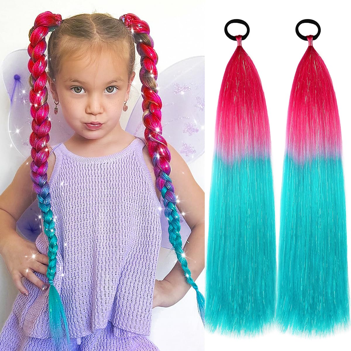 JIAMEISI Rainbow Ponytail Extensions with Hair Tie 2 Packs 50g/Pack Synthetic Coloured Hair Extensions for Braiding 24 inch Colorful Ombre Mermaid Pony Tail for Girl Women #S22 — image 1