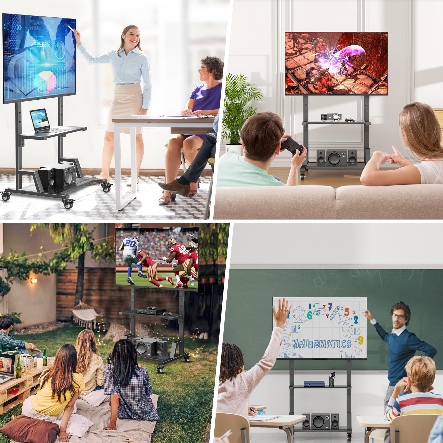 AENTGIU Rolling TV Stand for 32-75 Inch TVs, Mobile TV Stand on Wheels, Adjustable Height TV Cart with Wood Shelves, Floor Mount for Living Room, Bedroom, Office, Hold up to 150 lbs