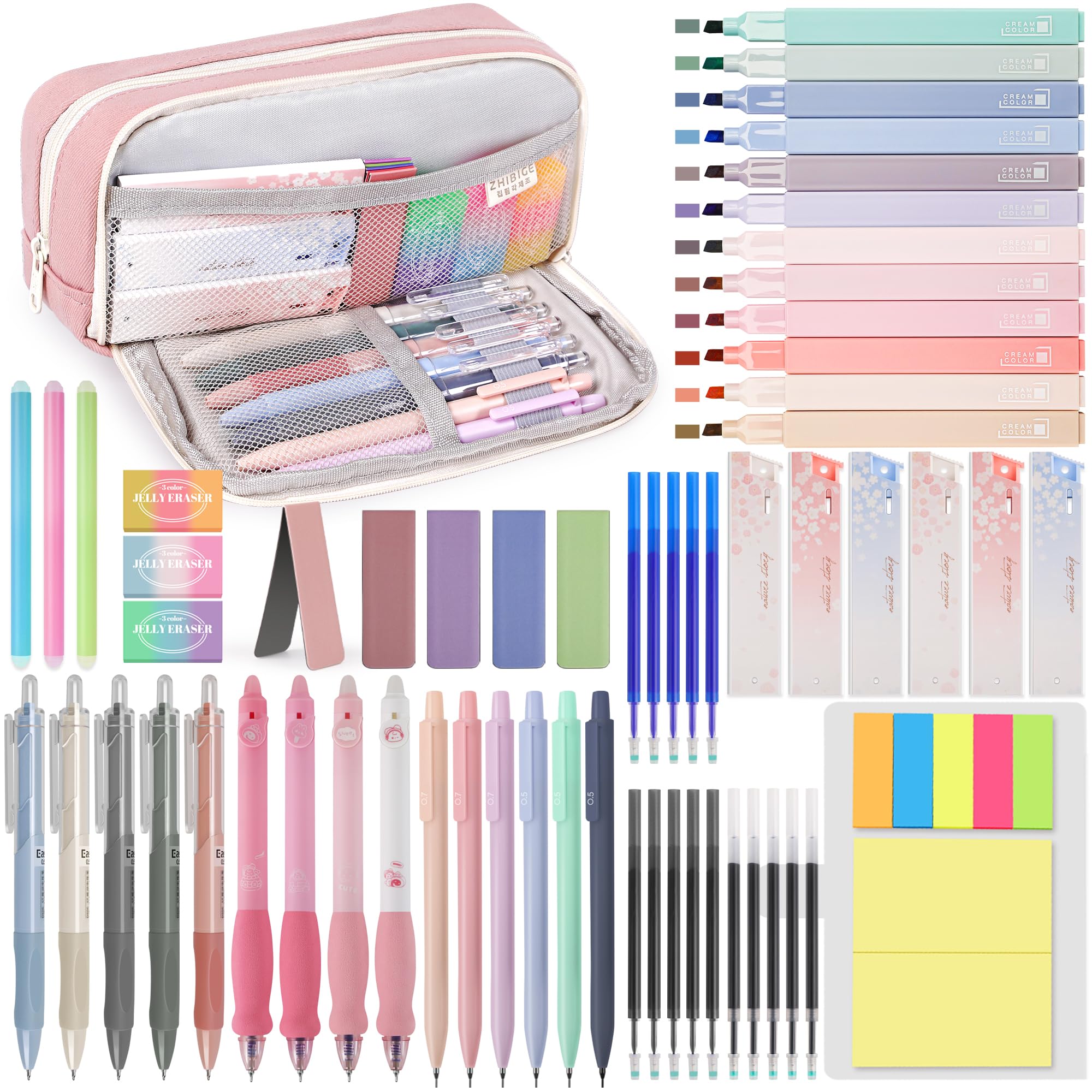 DazSpirit 61 PCS Aesthetic Stationery Supplies with Pencil Case, 12 Pastel Highlighters, 4 Erasable Pens, 5 Gel Pens, 6 Mechanical Pencils, Stationary Set for Students, Note-taking & Journaling (Pink)