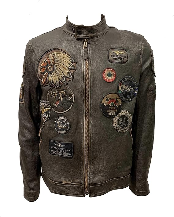 Aeronautica Militar Chaqueta de piel para hombre, marrón, piloto