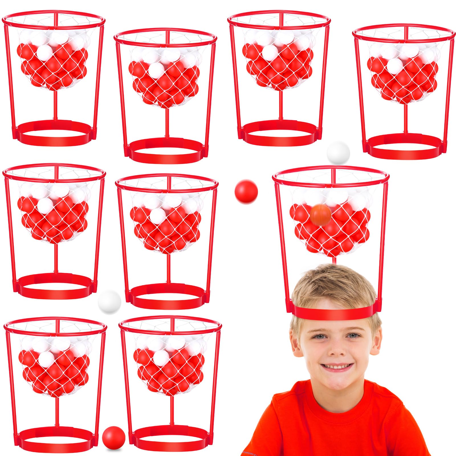 Photo 1 of Libima 12 Pcs Head Hoop Basketball Party Game Set for Kids and Adults Portable Adjustable Basket Net Headband with Balls for Birthday Carnival Office Indoor Outdoor Activity(Red)