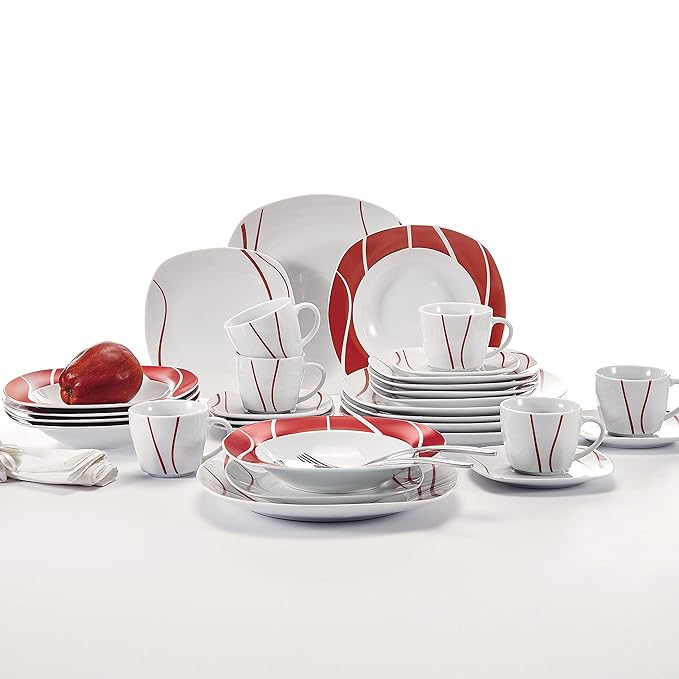 MALACASA, Serie Felisa, Tafelservice 30-TLG Kombiservice Porzellan Geschirrset mit je 6 Kaffeetassen, 6 Untertassen, 6 Desser