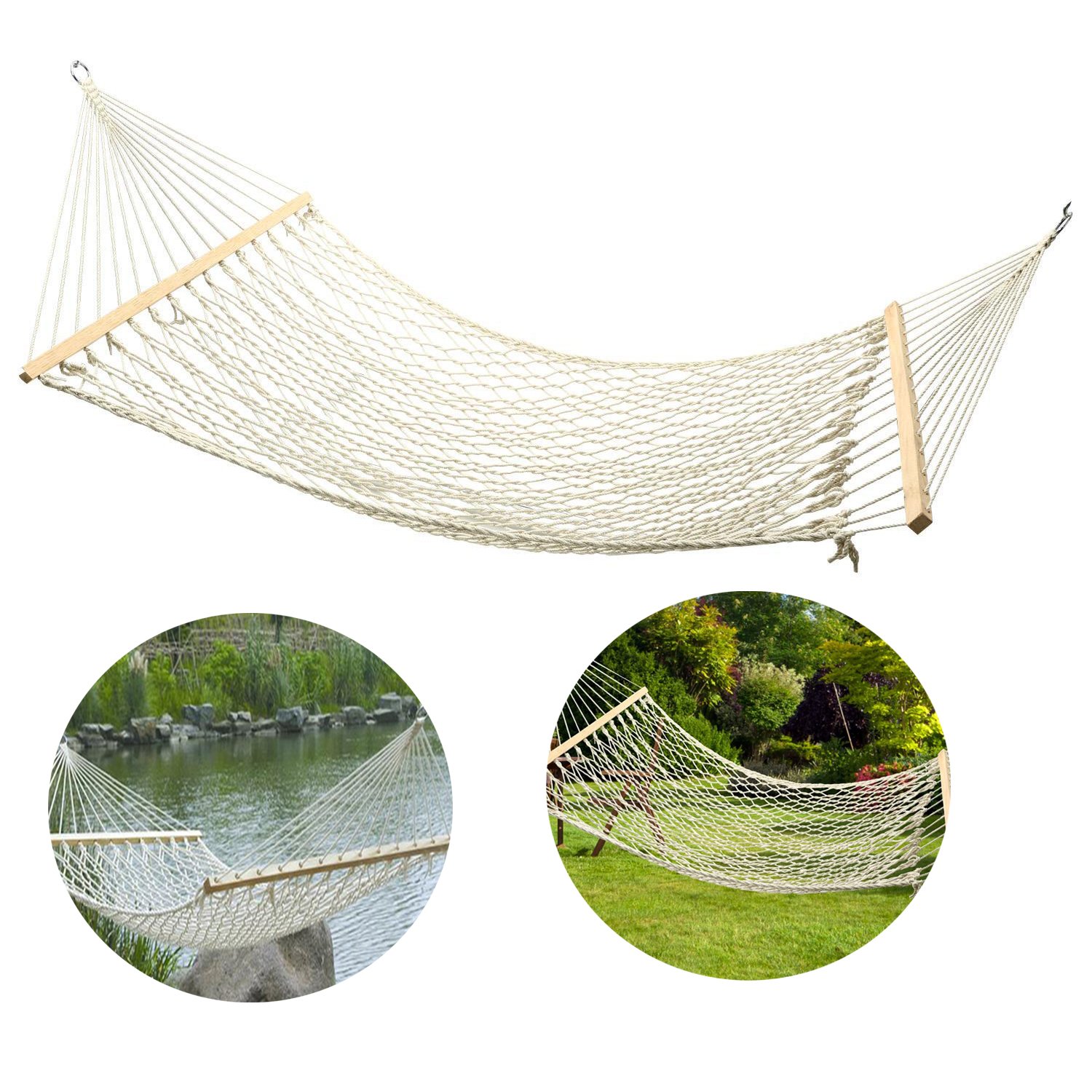 Opino Beige Cotton Rope Hammock, Hollow Out Double Wide Wood Hanging Tree Hammock Garden Patio Yard(US Stock)